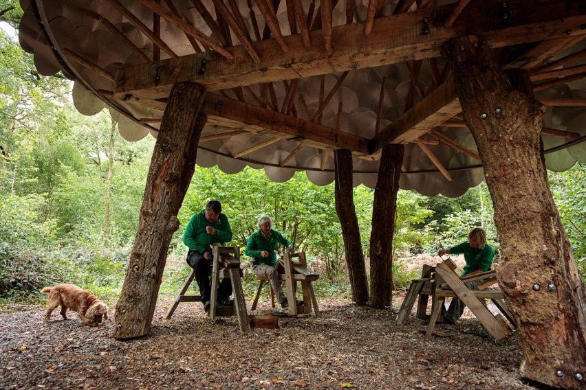 Woodworking activities underneath the woodworking shelter at Westonbirt arboretum in Gloucestershire