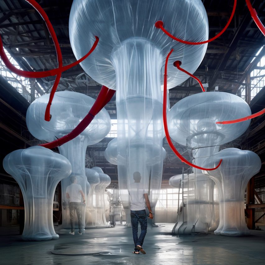 Visualisation of a lofty interior space with floating jellyfish-shaped structure inside