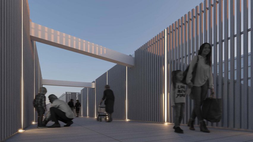 Visualisation showing figures in a fenced walkway