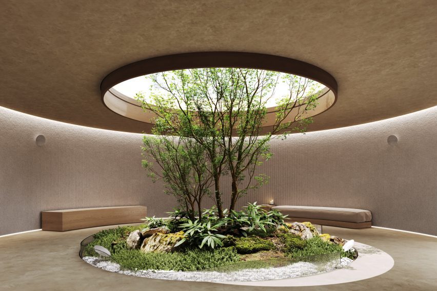 Visualisation showing a round space with hole in the ceiling above an indoor garden