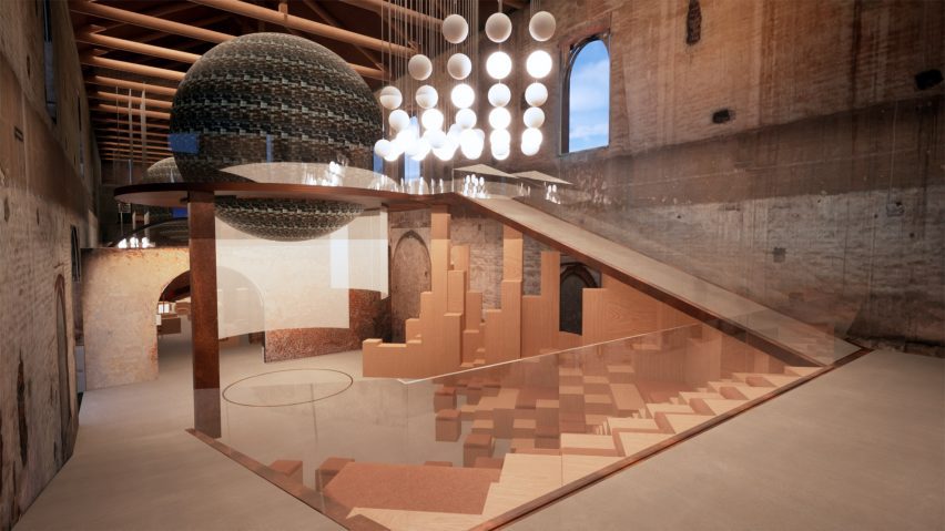 Visualisation of the interior of a castle with wooden modular furniture