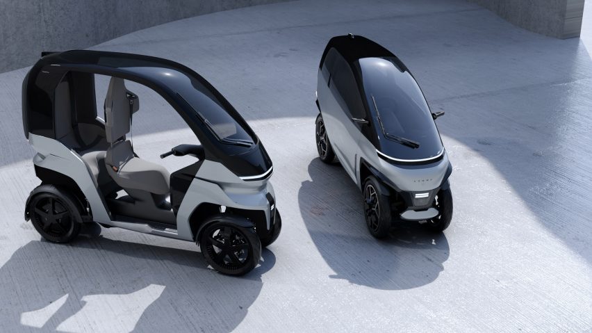 Rendering of the two types of Komma vehicle, one fully enclosed like a small car and the other open at the sides like a car crossed with a scooter