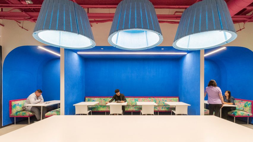Bright blue-walled break room