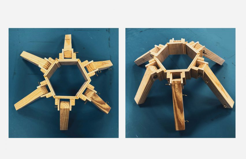 Two photographs of a wooden, six-legged object