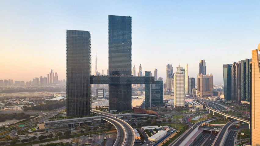 Dubai skyline behind One Za'abeel by Nikken Sekkei