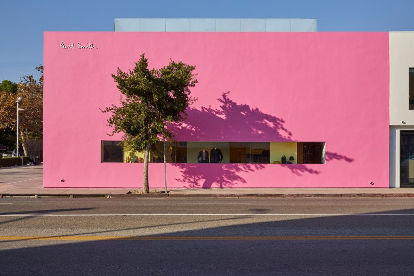Bright pink exterior of Paul Smith store on Melrose Avenue