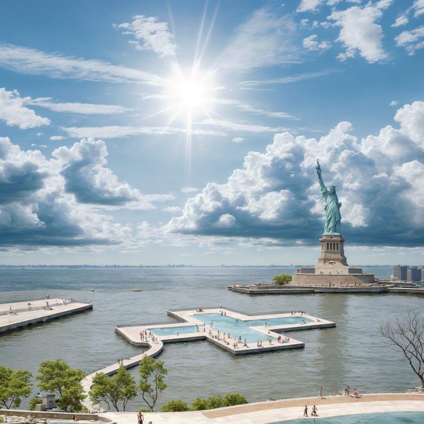 plus pool in front of the statue of liberty
