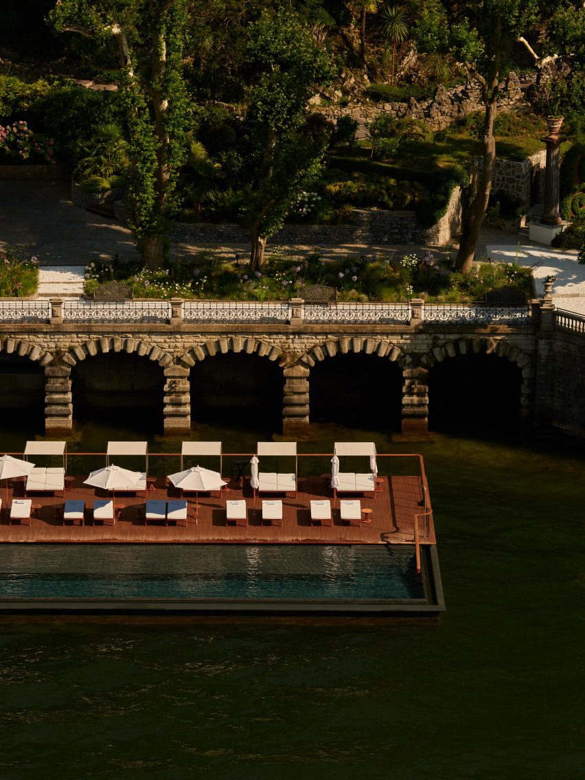 View of infinity pool and lakebed at Mandarin Oriental Lago di Como resort