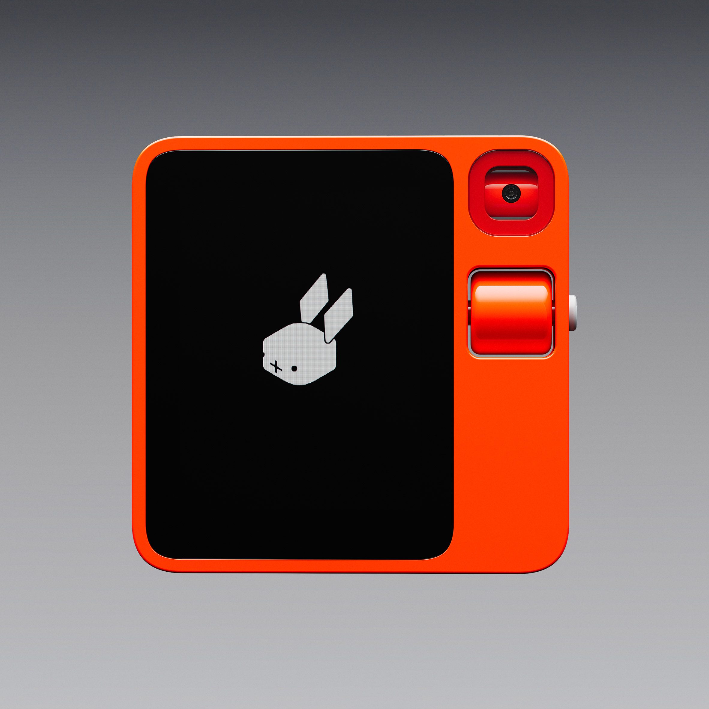 Image of the Rabbit R1 device front on, showing a bright orange square-shaped gadget with a screen on the left-hand side and a camera lens and scroll button on the right