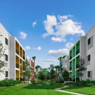 Apartment building in Miami with brightly colored entrances