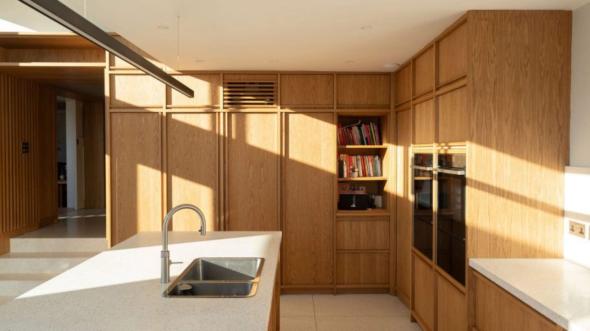 Wood lined kitchen interior