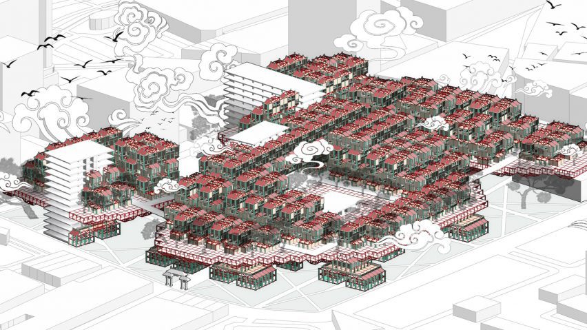 Visualisation showing an area of a city with red buildings