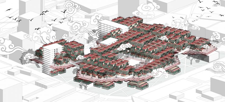 Visualisation showing an area of a city with red buildings