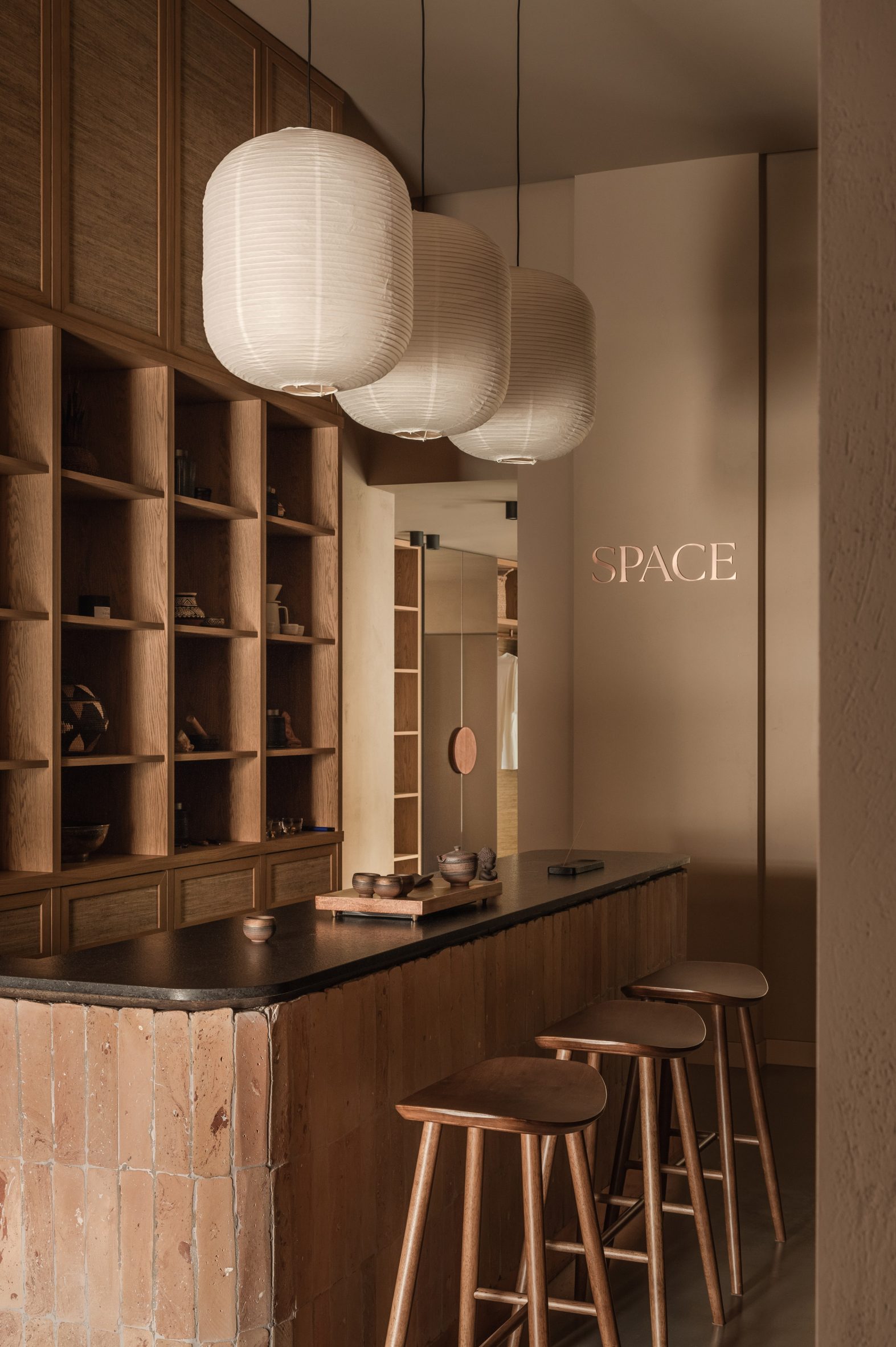 Bar counter and stools in tea room of Space wellness centre 