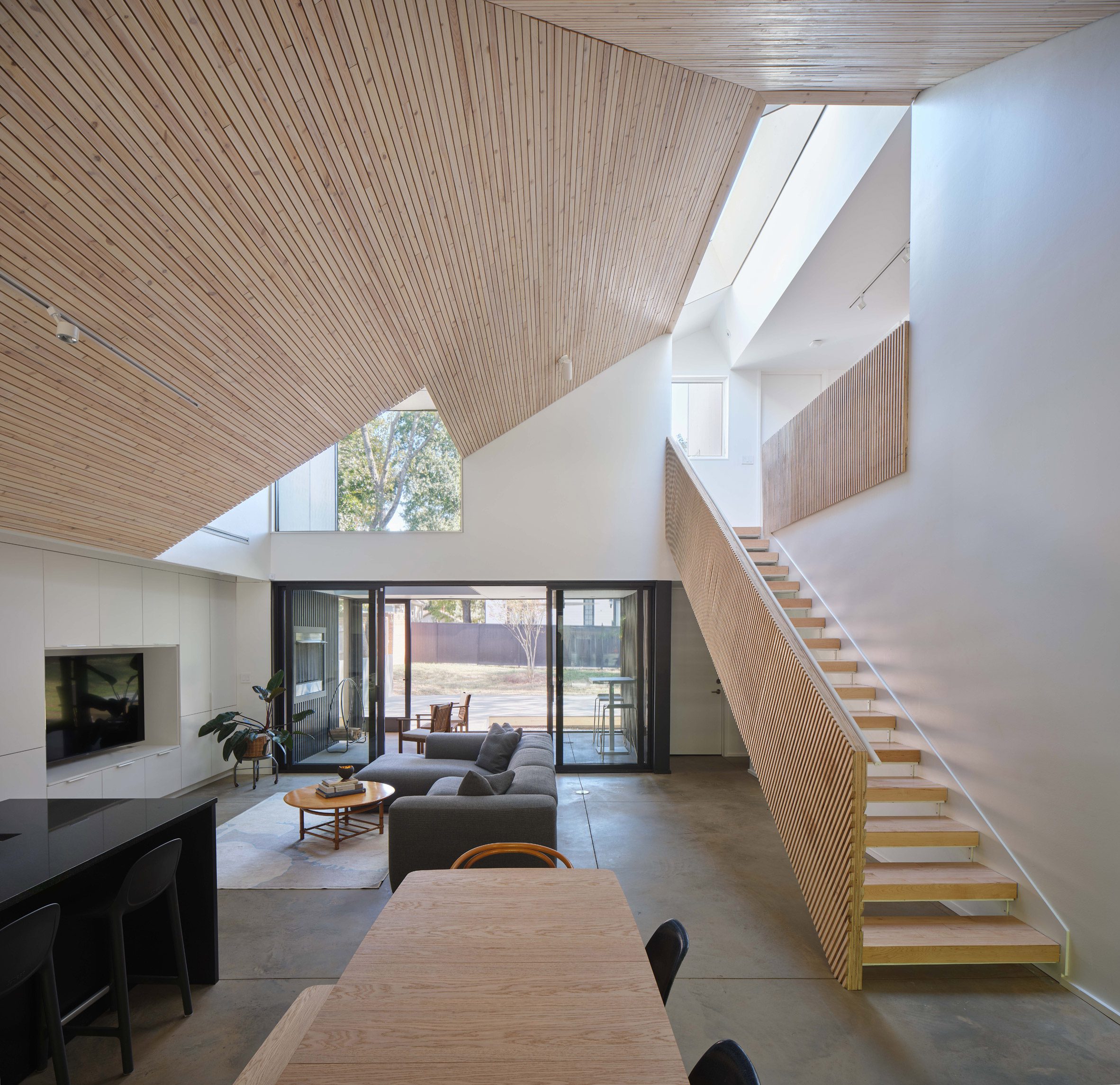 A living space with angled walls