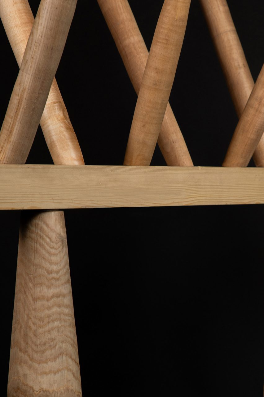 Close-up photo of spindles on a wooden structural model