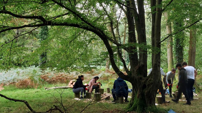 Photo of a group of people whittling wood in a forest