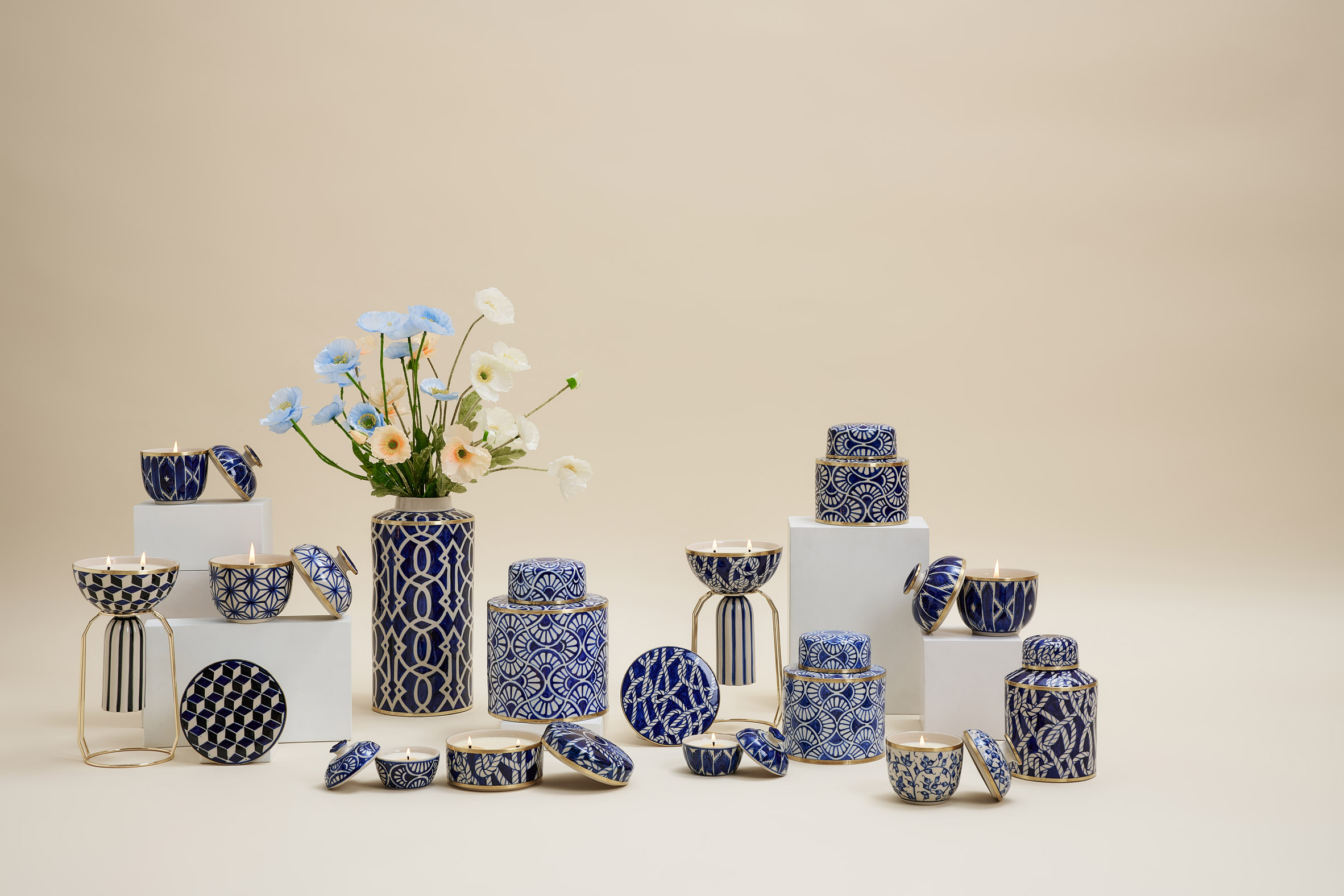 Blue and white china on beige backdrop