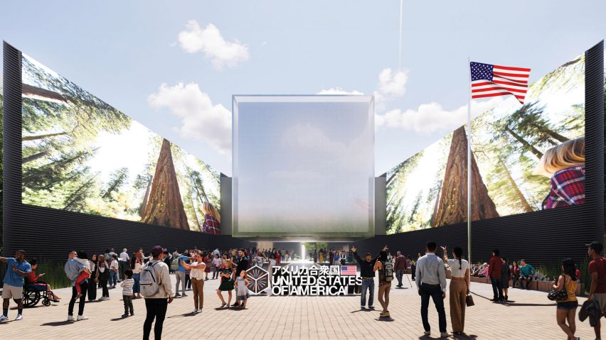 A rendering of two large screens surrounding a floating cube