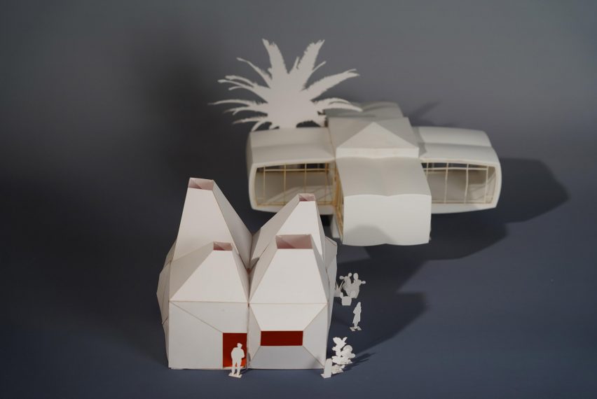 White card model of two buildigns