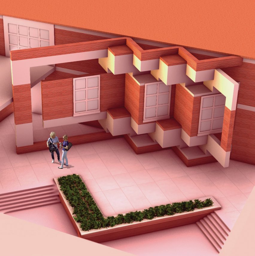 Visualisation showing faceted building facade of pink render and brick around a courtyard