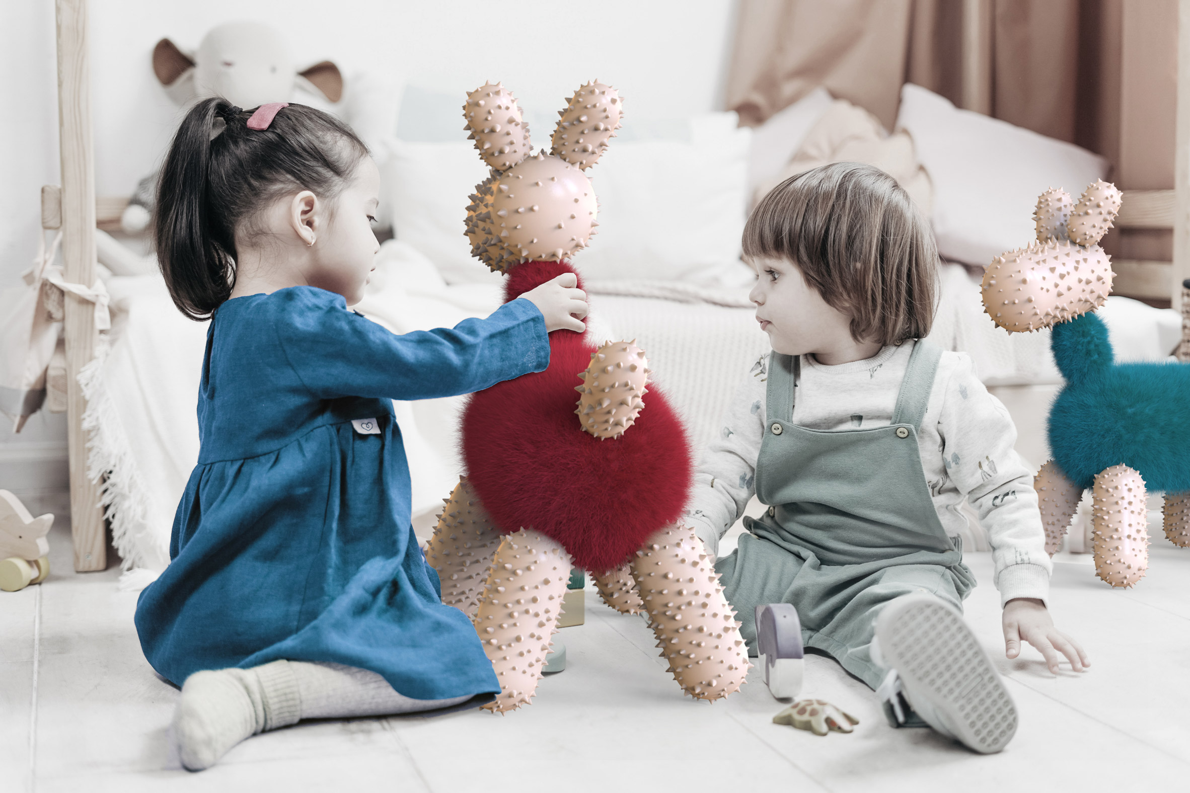 Two children interacting with a dog-shaped toy