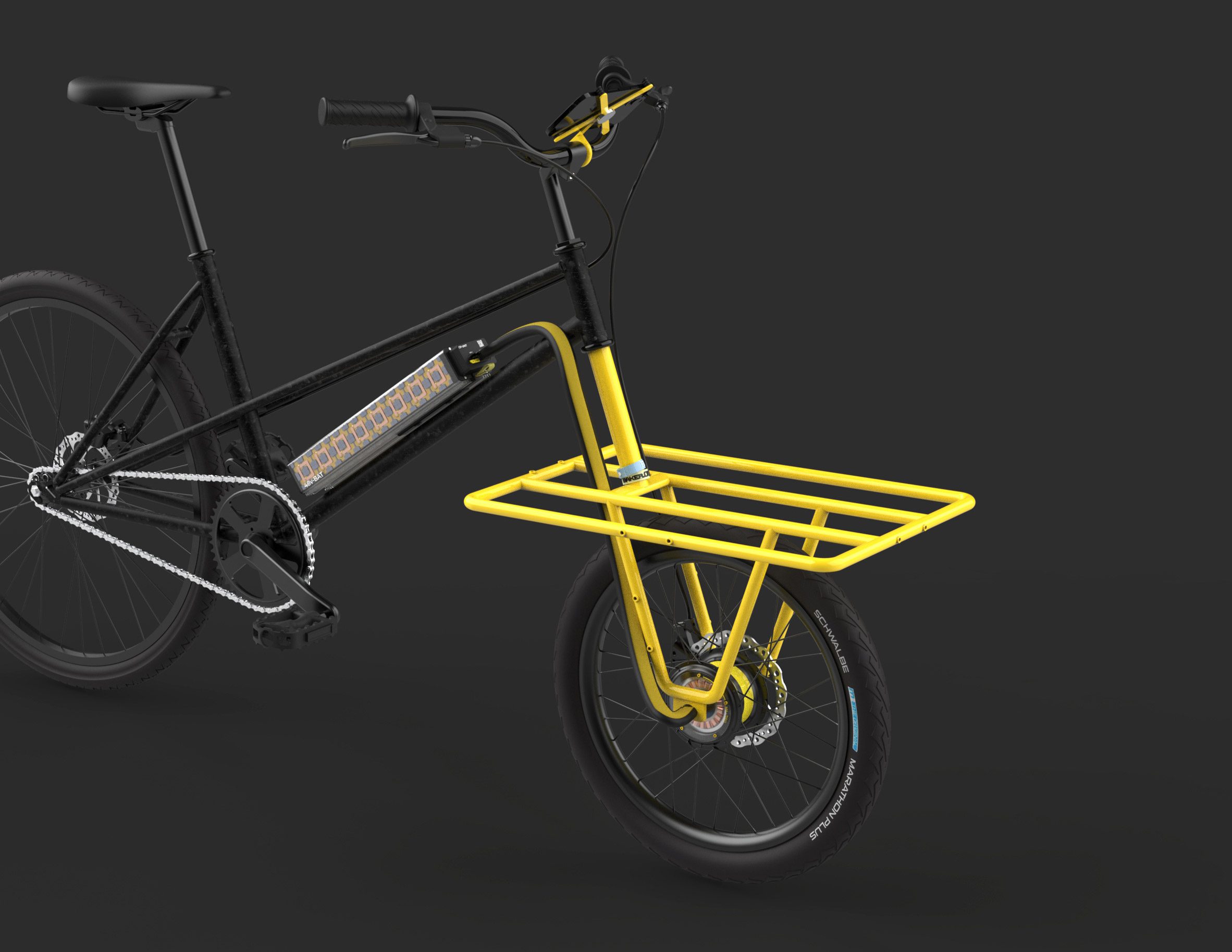 Bicycle with yellow front piece on black background