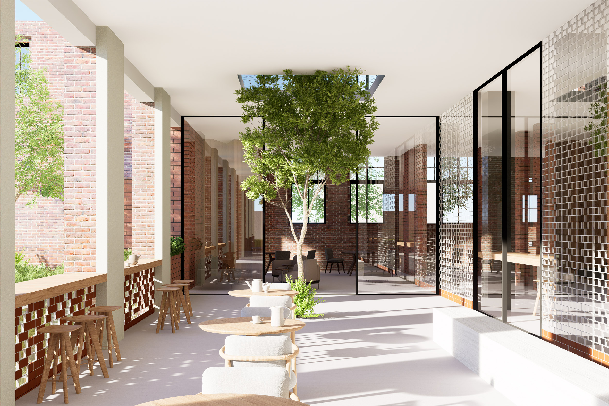 Visualisation showing a terrace area with tree in the centre