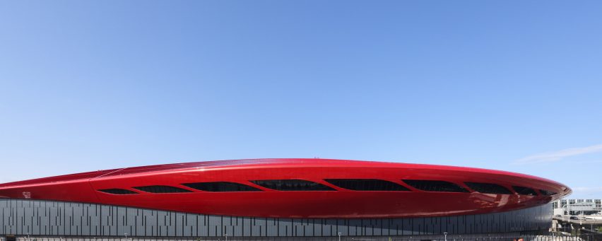 Red roof of Boston airport with panoramic windows