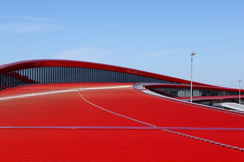 Clerestory window and red roof of Boston Airport