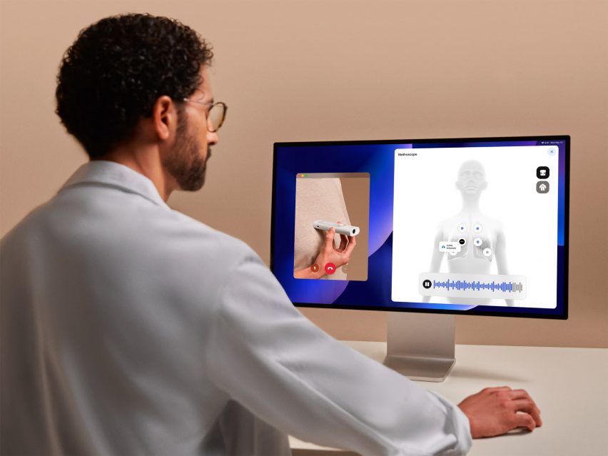 Photo of a professional-looking man looking at a computer where there is a video chat with someone using a medical measuring device on one side of the screen and a chest diagram with an audio wave file on the other
