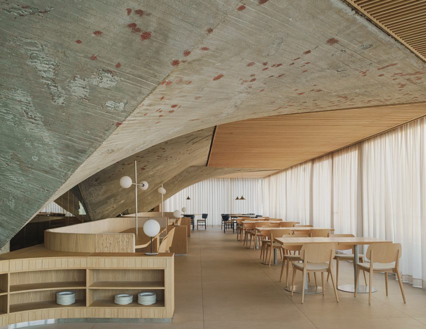 Interior of brutalist Cantabrian Maritime Museum restaurant in Spain by Zooco Estudio