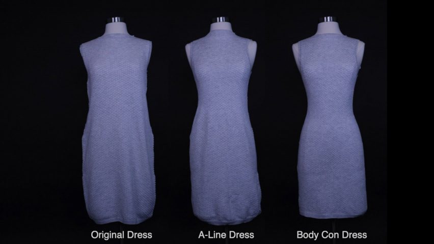 Zdjęcie przedstawia tę samą dzianinową sukienkę, zaadaptowaną z oryginalnego luźnego kroju do sukienki w kształcie litery A i sukienki obcisłej