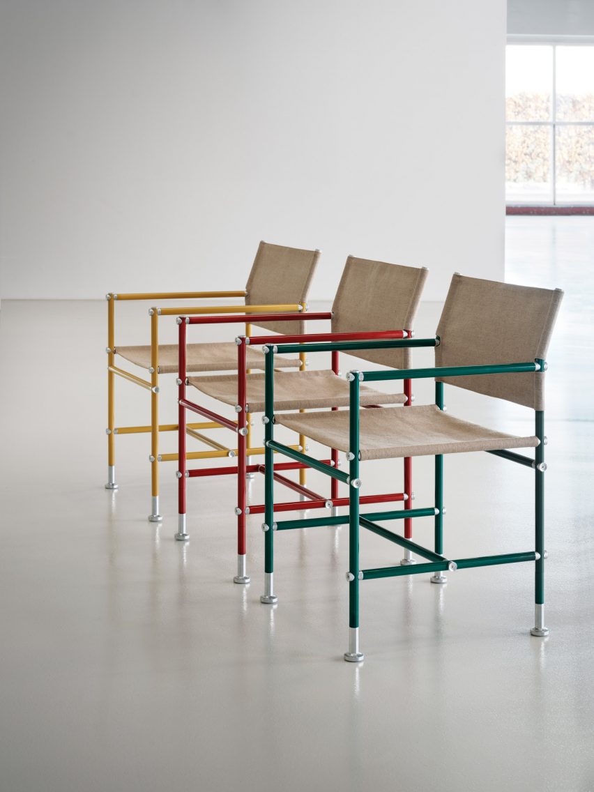 A line of three Able chairs by Blå Station with yellow, red and green frames