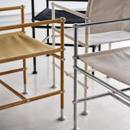 Close up of the metal frames of four Able chairs by Blå Station