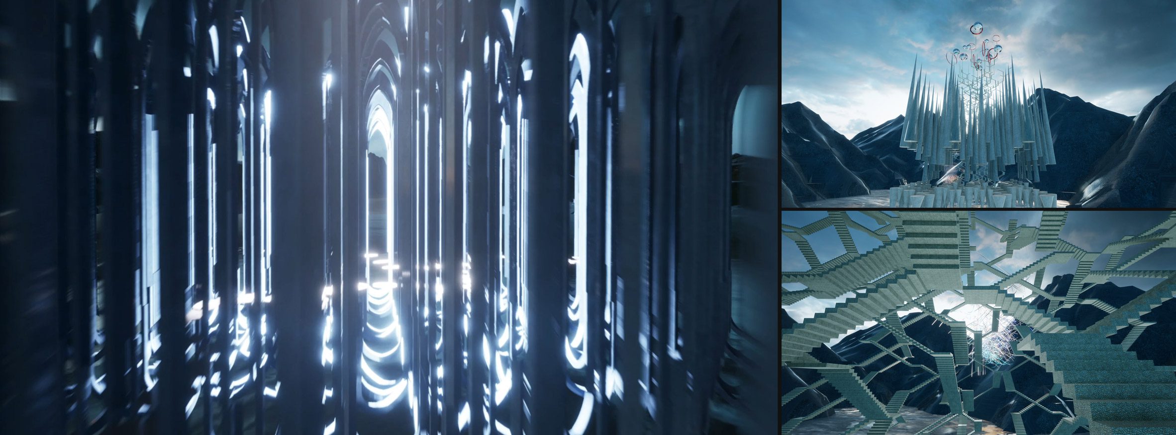 Stills from a video game with blue staircases and spikes