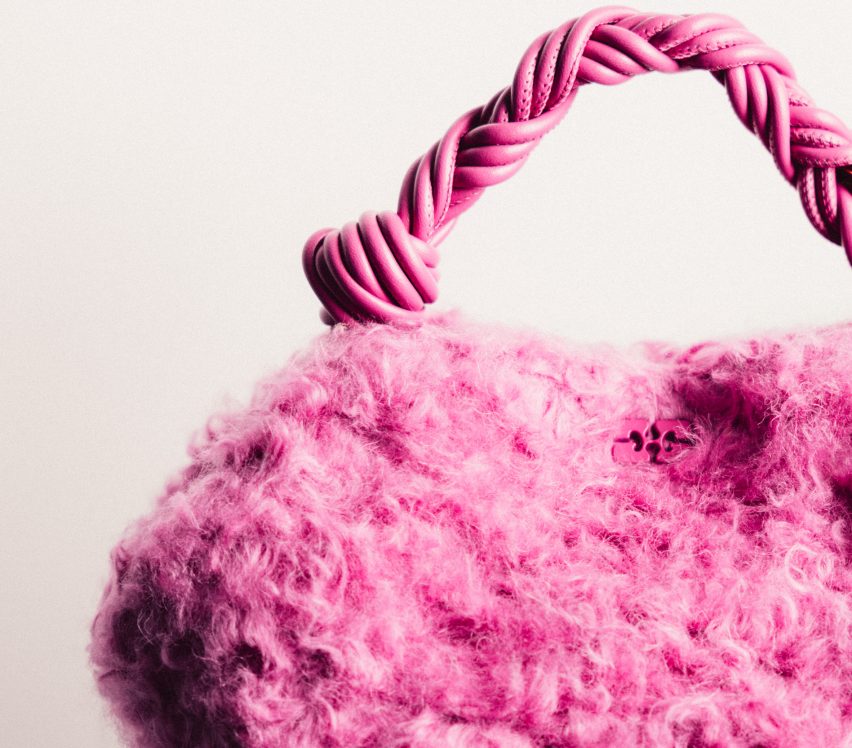Close-up of Bou bag by Ganni made using plant-based BioFluff fake fur in pink