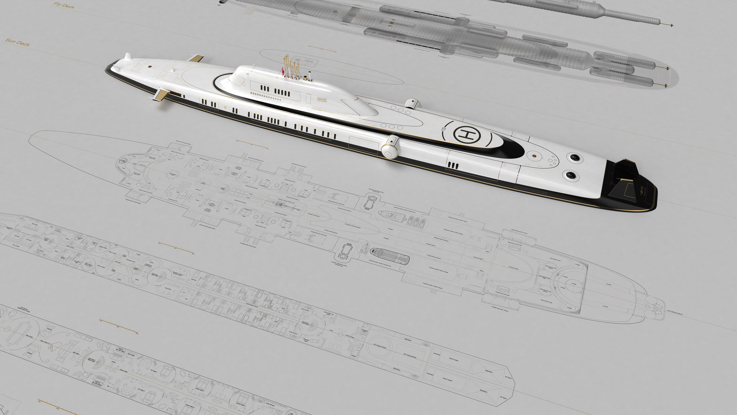 Render of M5 submersible superyacht next to sketches of the ship