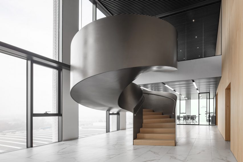 Spiral steel staircase in an office building