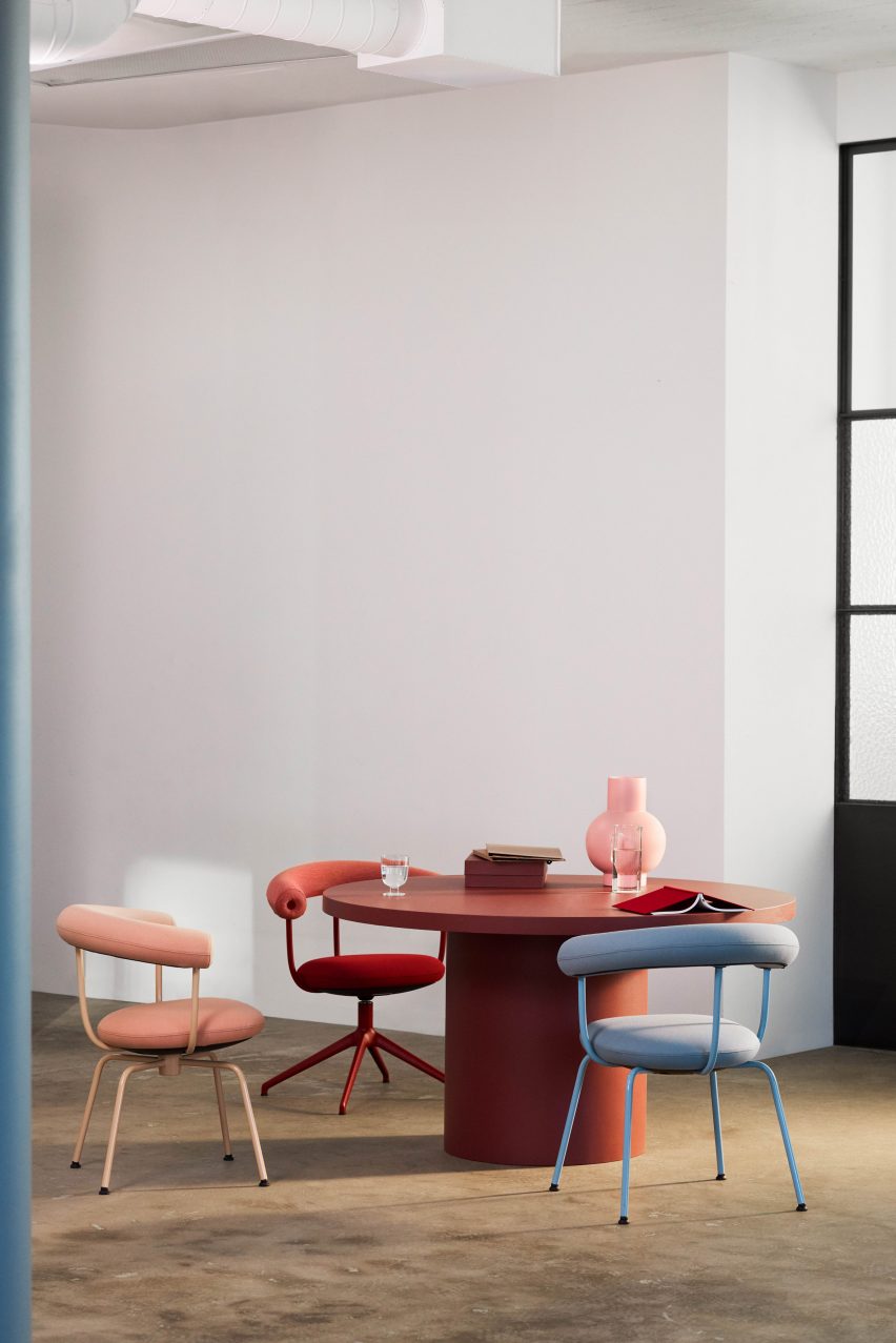 Pink, blue and red Bud chairs by Fora Form