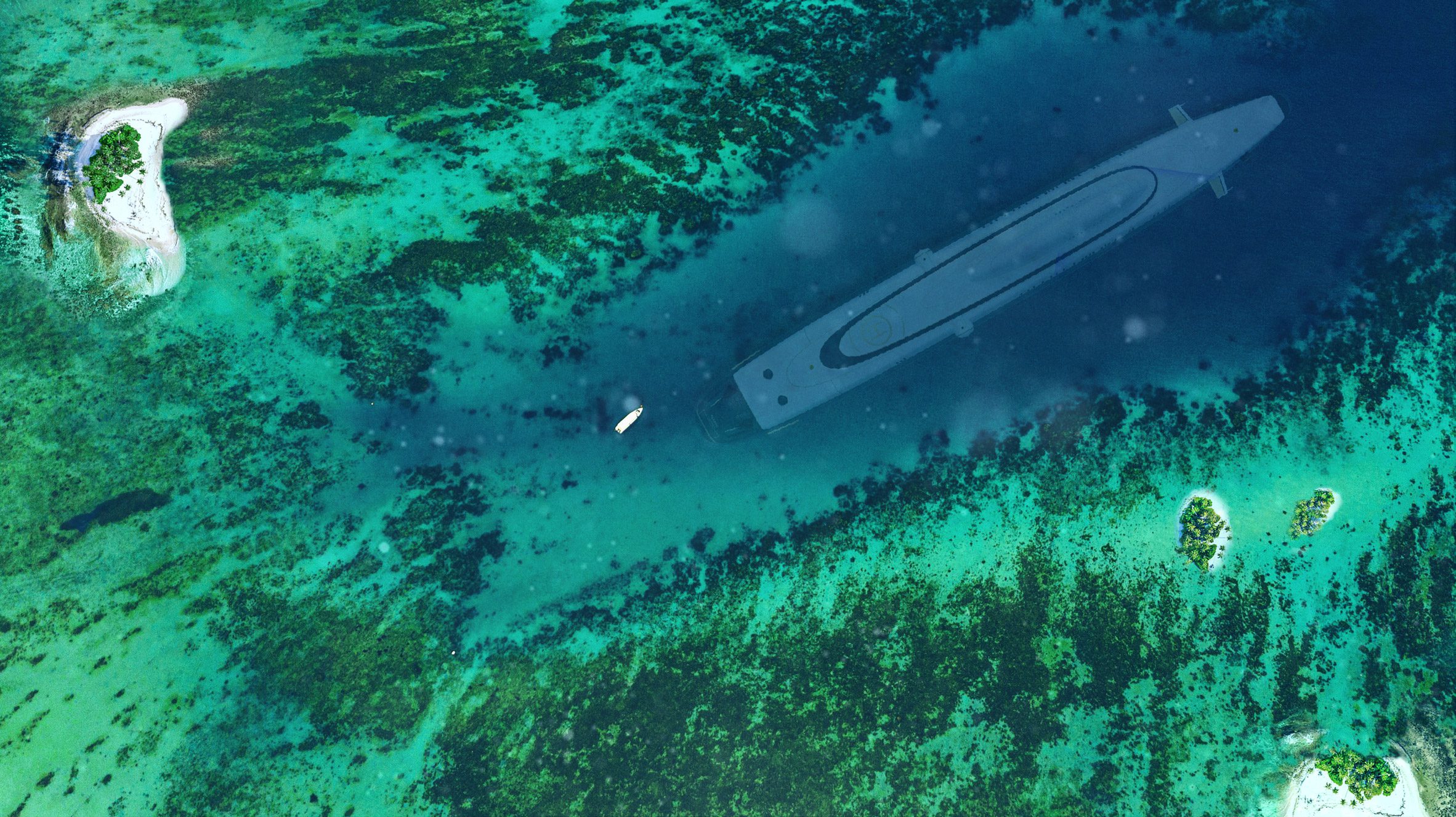 Migaloo luxury submarine seen from above diving in shallow waters