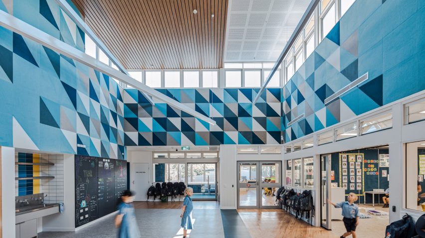 Blue Composition acoustic wall coverings by Autex in school