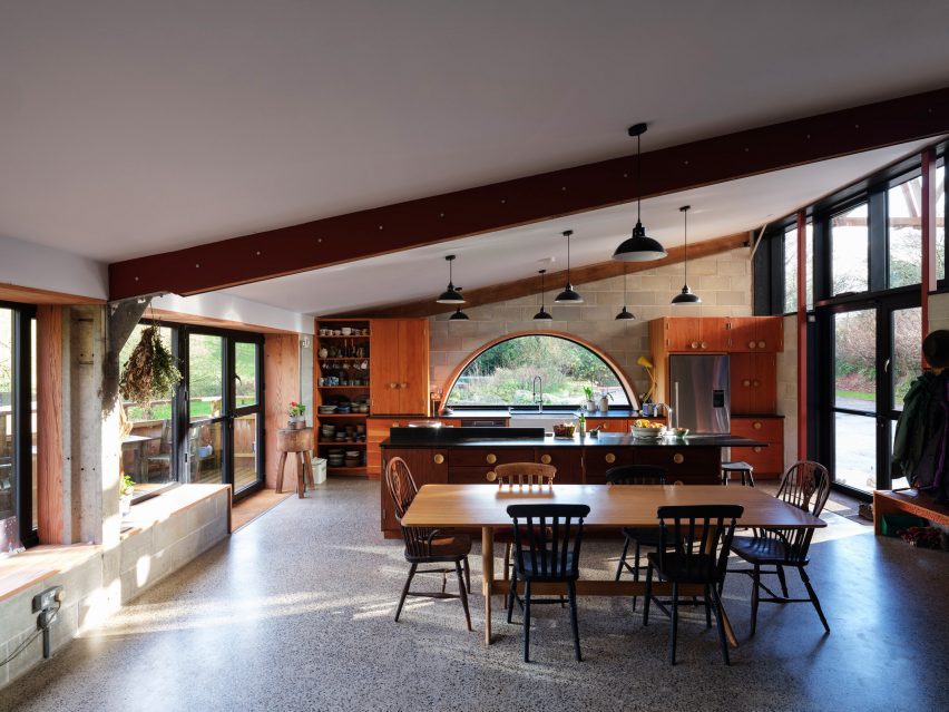 Kitchen with sloped ceiling