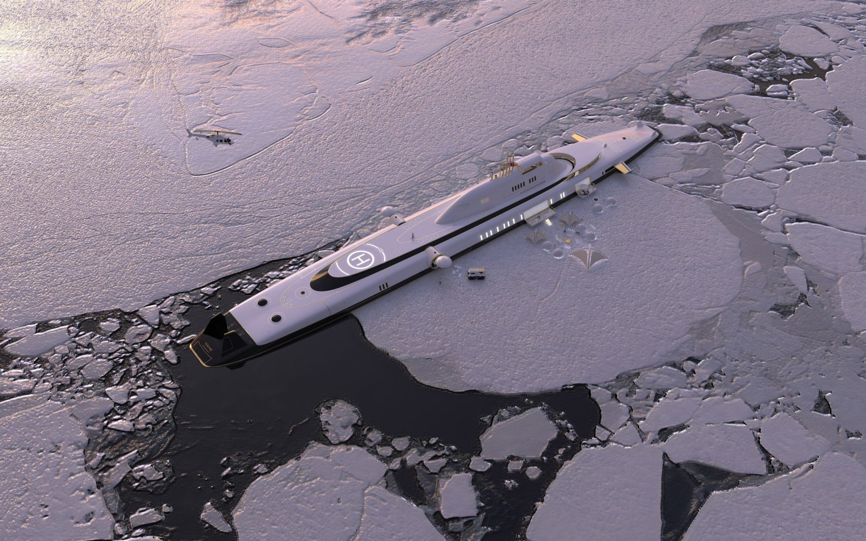 Luxury submarine superyacht cutting through ice 