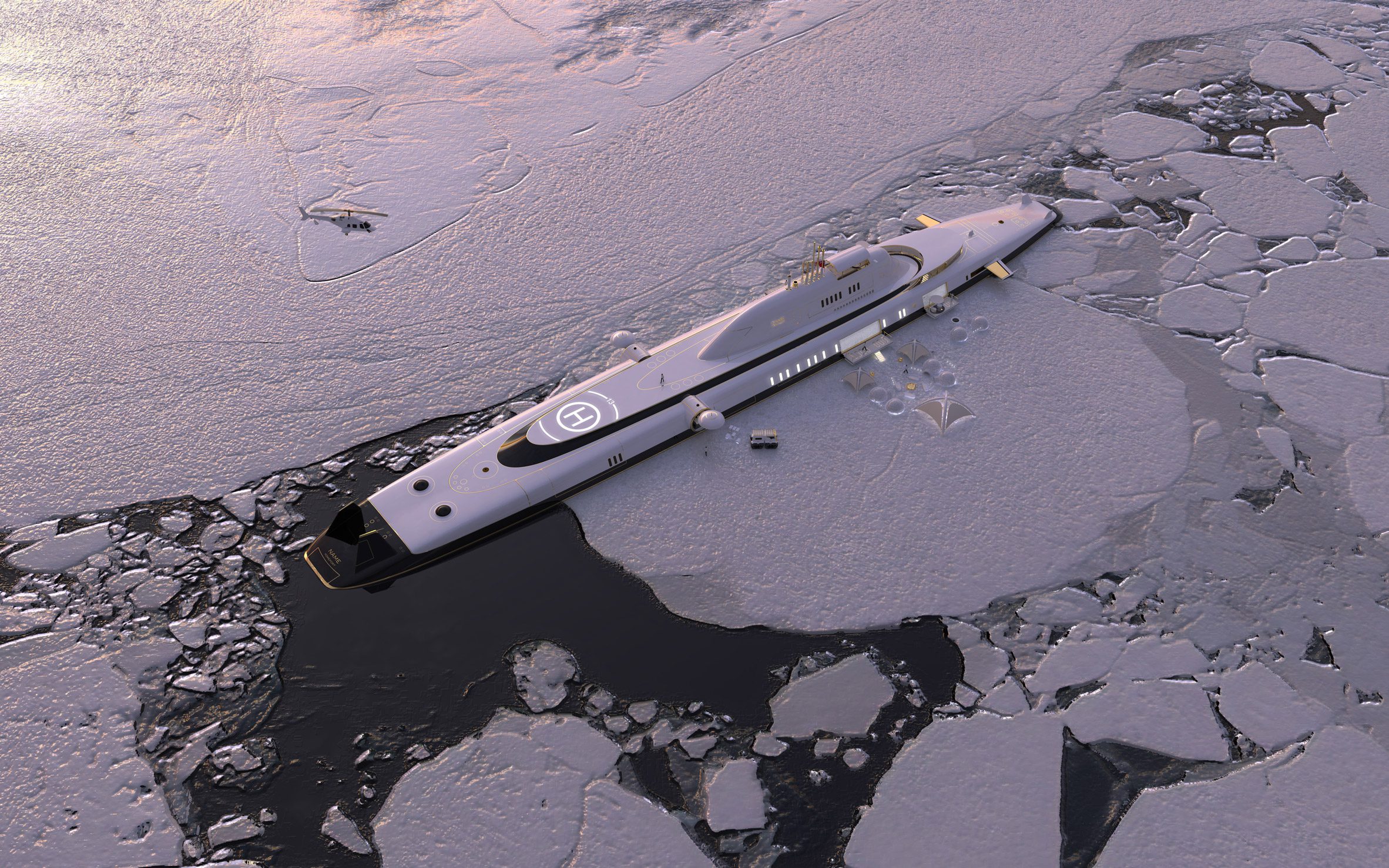 Render of Migaloo M5 submersible superyacht in a sheet of ice