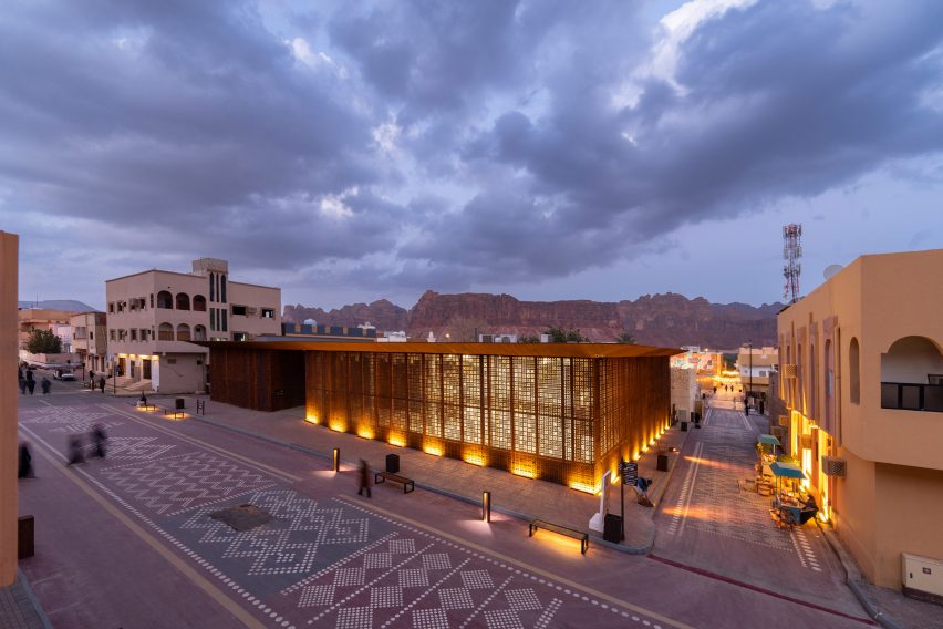 Aerial photo of the Design Space AlUla building showing the surrounding AlJadidah arts district and the hills of the old town and ancient oasis in the background