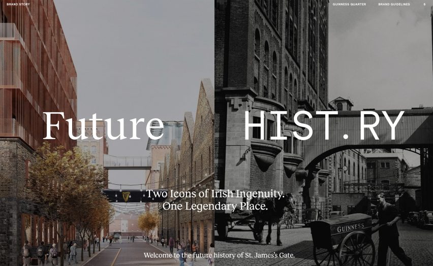 Slide from a presentation deck with a rendering of new buildings on the left with text reading 'future' and a historical black-and-white photo on the right reading 'history'