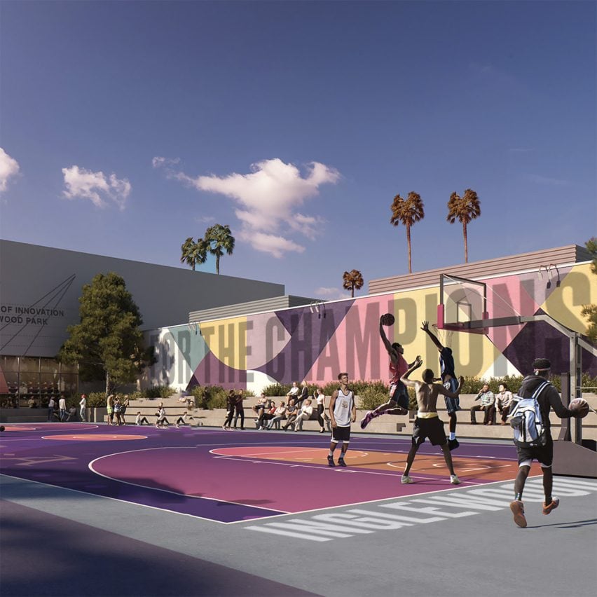 Rendering of a public square with a bright pink and purple basketball court, new buildings in the background and people using the space in many different ways
