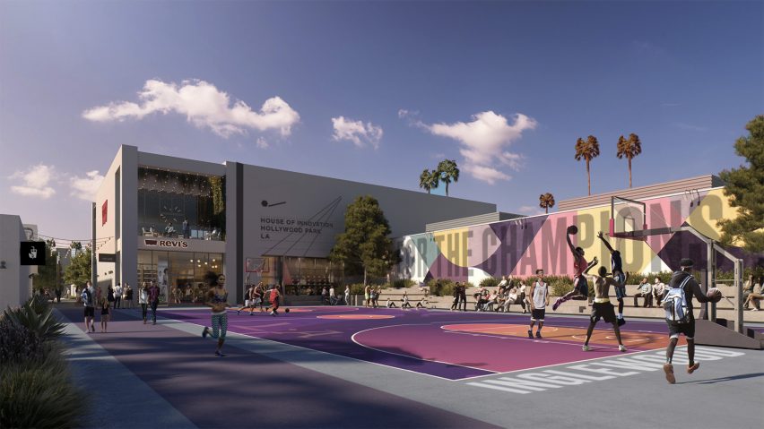 Rendering of a public square with a bright pink and purple basketball court, new buildings in the background and people using the space in many different ways