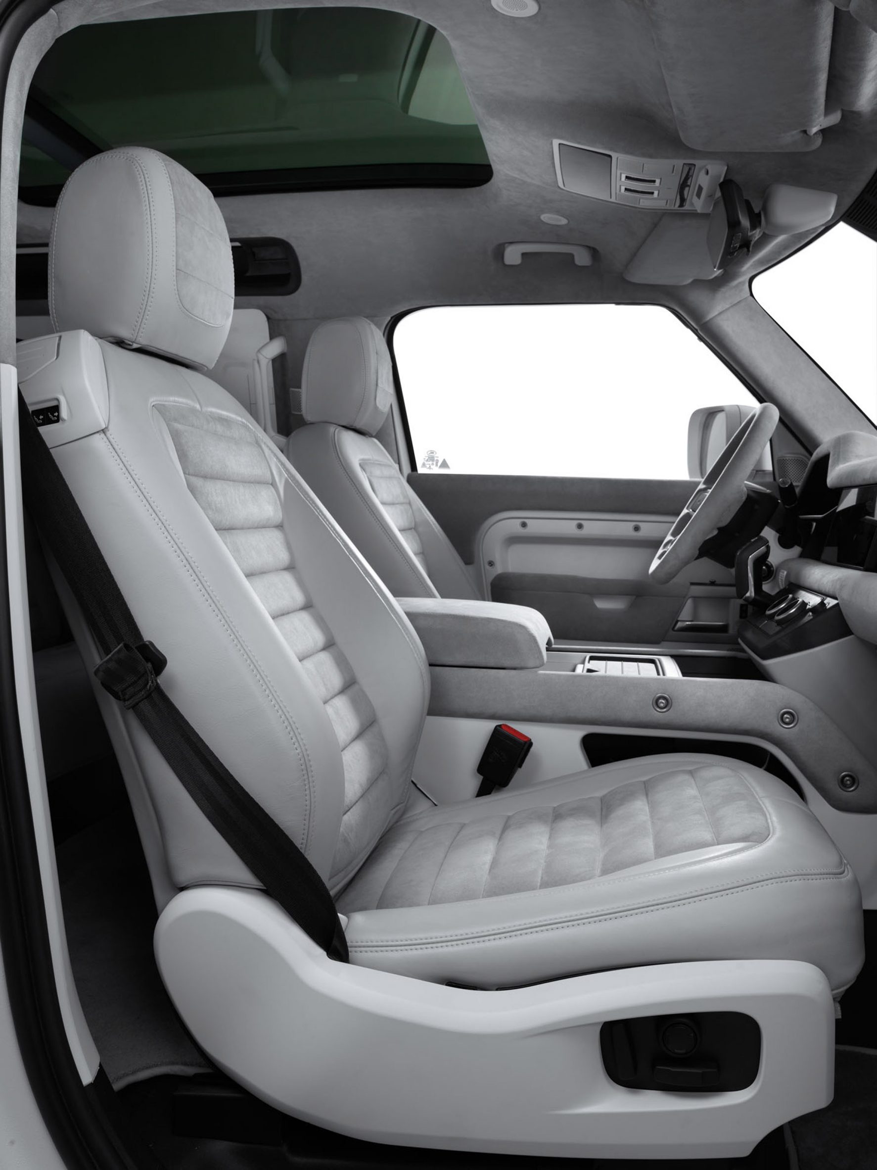 Photo of the seats within the Firmship-styled Land Rover Defender showing ribbing on the seats